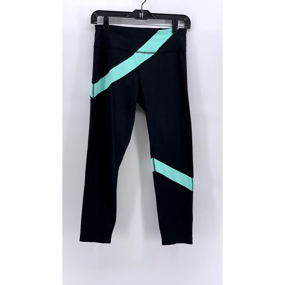 EXPCORE Women's Black-Teal Striped Cropped Leggings SZ S
